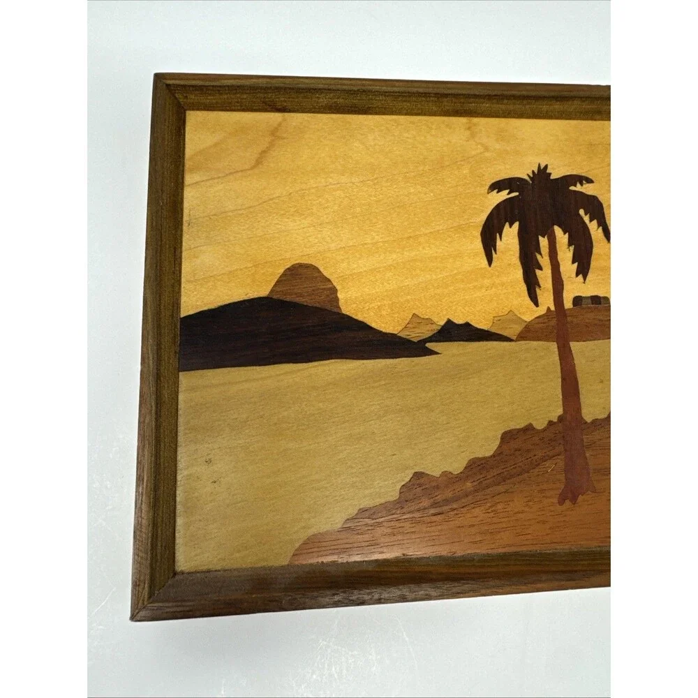 Vintage Old Wooden Inlaid Palm Tree Mountains Browns picture 9.5